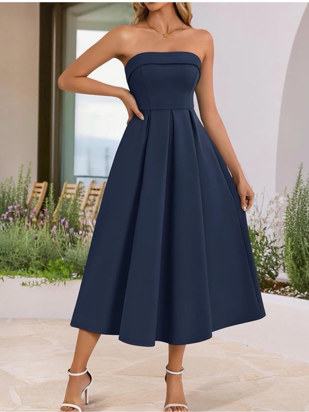 NWT Elegant Flowy A-line Strapless Midi Cocktail Party Dress in Navy, Small